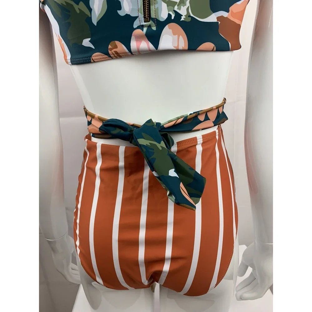 Almarea Women's Top Size Small Floral High Neck Zip Tie Back Orange - Picture 9 of 12